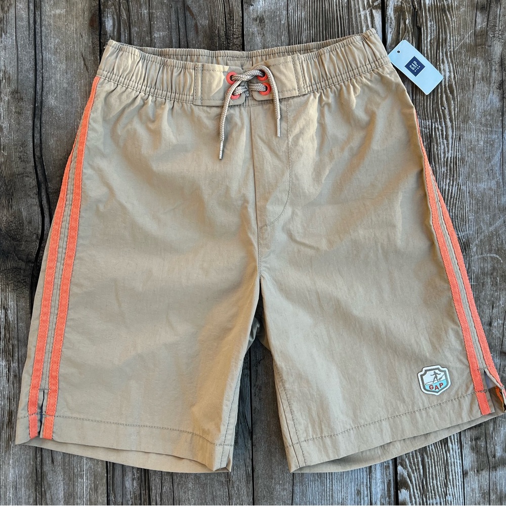 Boys NWT Gap Swim Trunks Khaki and Orange Striped Board Shorts Lined Size L (10)